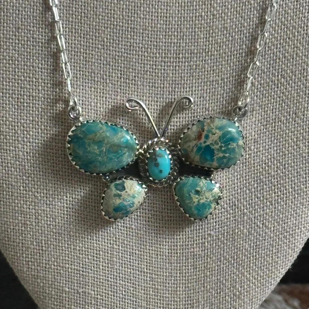 Turquoise & Sea Sediment Jasper Butterfly Southwestern Sterling Silver Necklace - Picture 7 of 9
